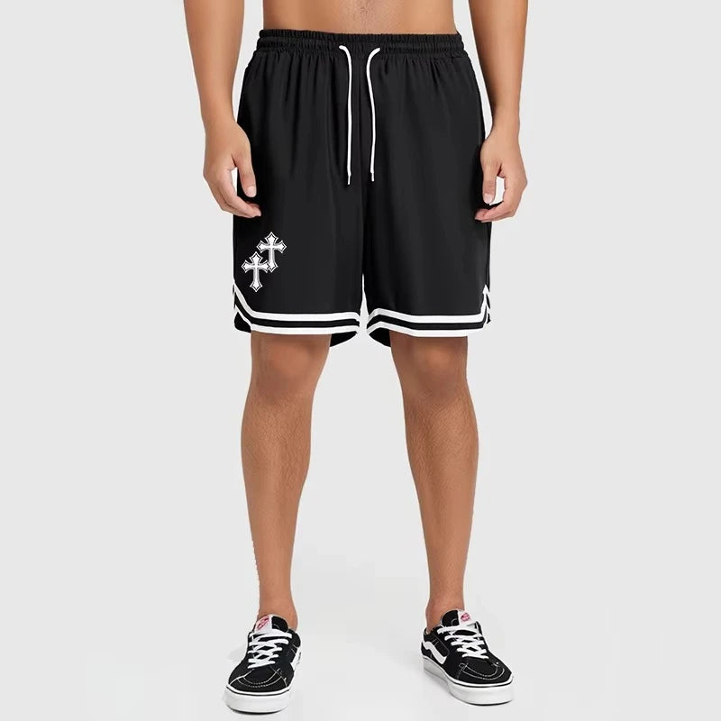 Men’s Christian Pattern Basketball Shorts – Colorblock Graphic Striped Quick-Dry Gym Shorts