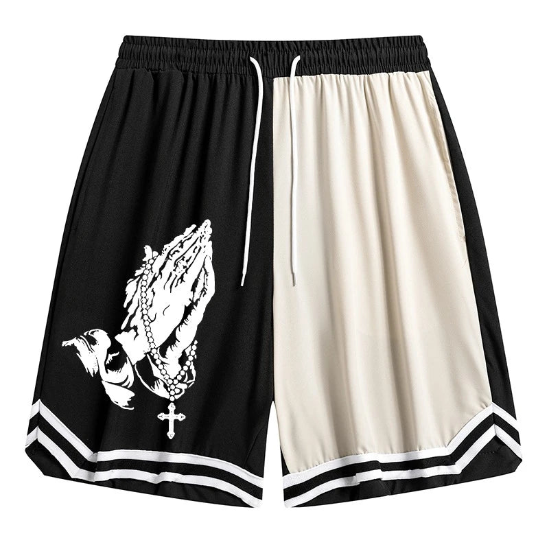Men’s Christian Pattern Basketball Shorts – Colorblock Graphic Striped Quick-Dry Gym Shorts