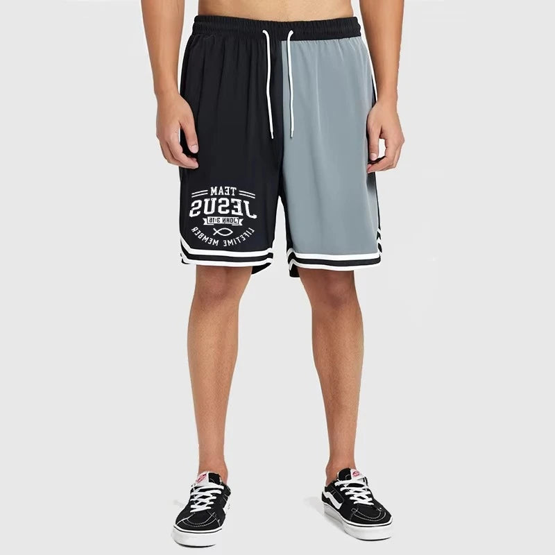 Men’s Christian Pattern Basketball Shorts – Colorblock Graphic Striped Quick-Dry Gym Shorts