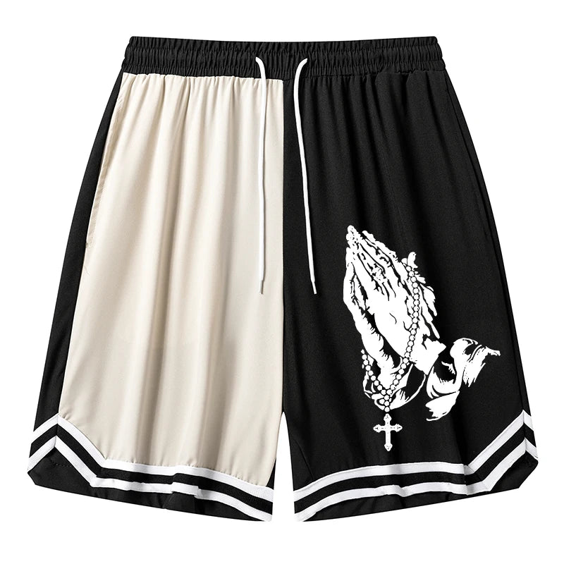 Men’s Christian Pattern Basketball Shorts – Colorblock Graphic Striped Quick-Dry Gym Shorts