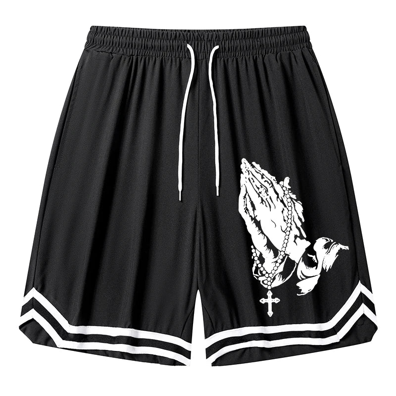 Men’s Christian Pattern Basketball Shorts – Colorblock Graphic Striped Quick-Dry Gym Shorts