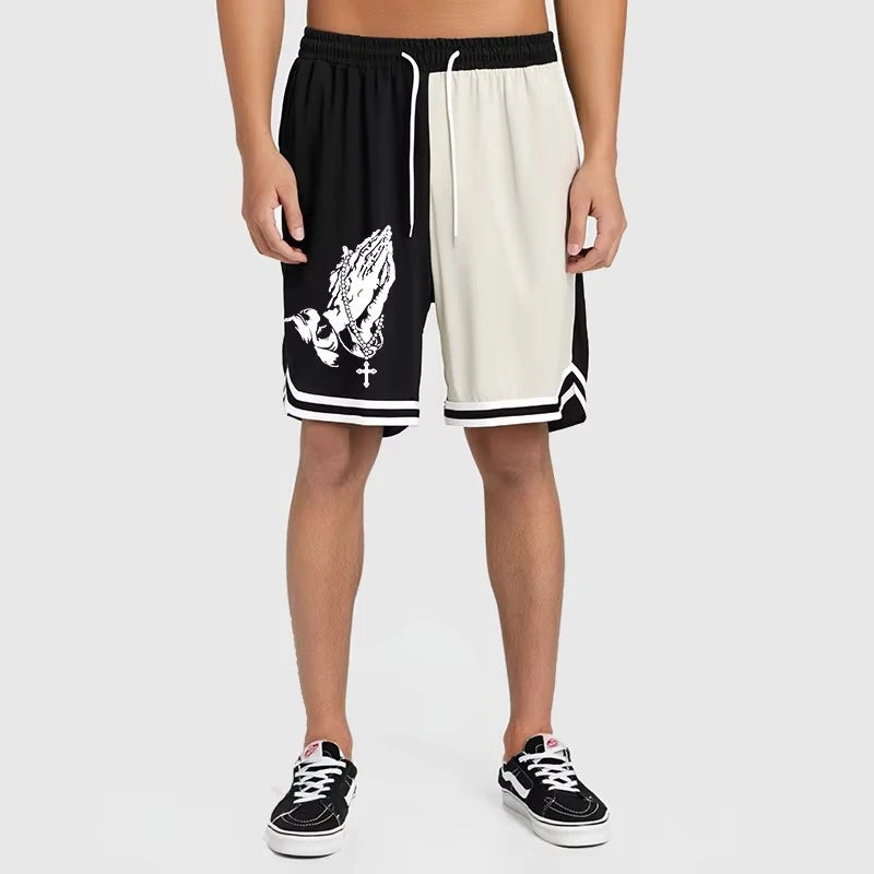 Men’s Christian Pattern Basketball Shorts – Colorblock Graphic Striped Quick-Dry Gym Shorts